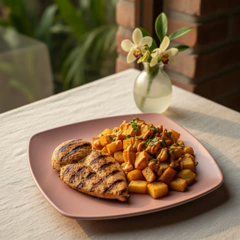 Pechuga a la plancha con papas bravas
