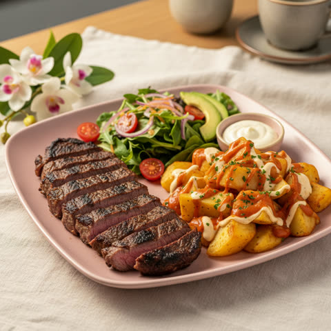 Entraña con ensalada y papas bravas