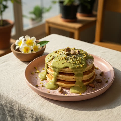 Panqueques bañados en pistacho