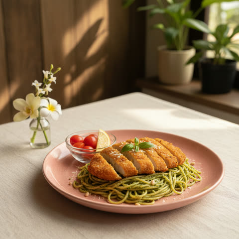 Spaghetti al pesto con milanesa