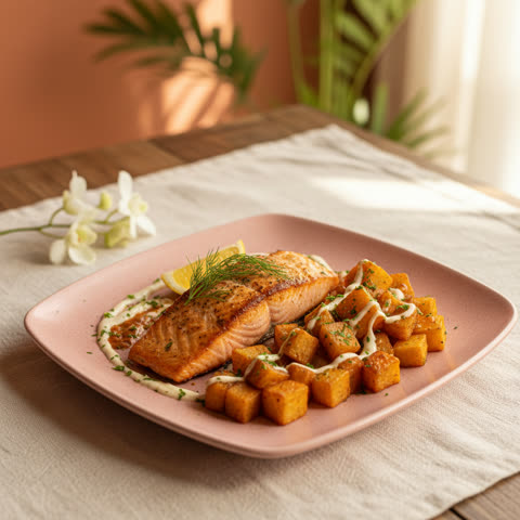 Salmón con papas bravas